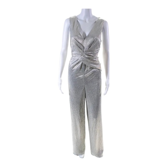 ADRIANNA PAPELL Metallic Silver Twist Front Sleeveless Jumpsuit Size 10 NWT - Picture 9 of 13